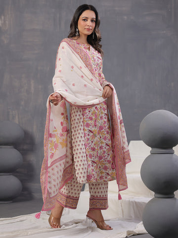 Floral Print Cotton Kurta With Pants & Dupatta