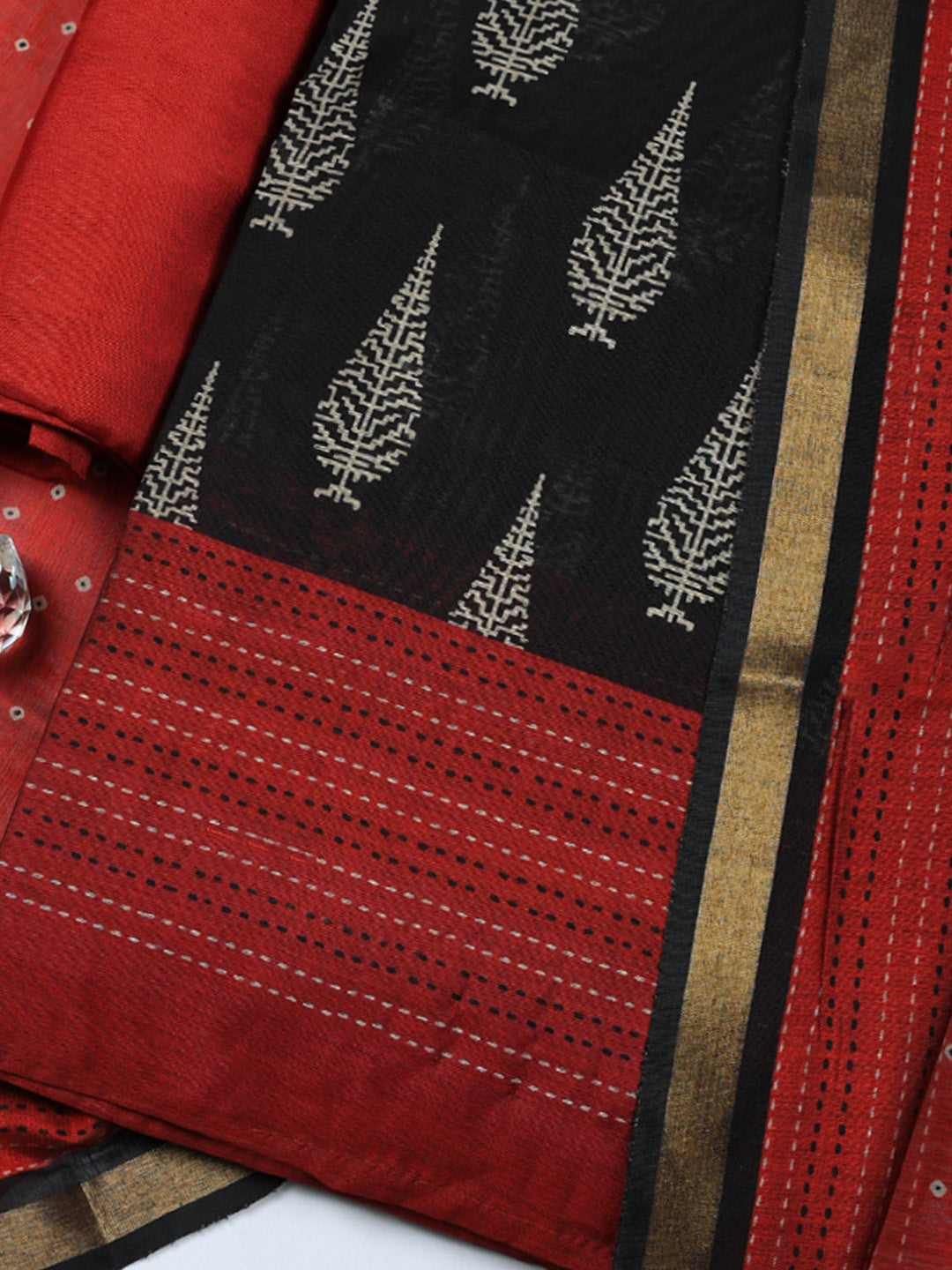 Printed Chanderi Unstitched Suit With Pant &amp; Dupatta
