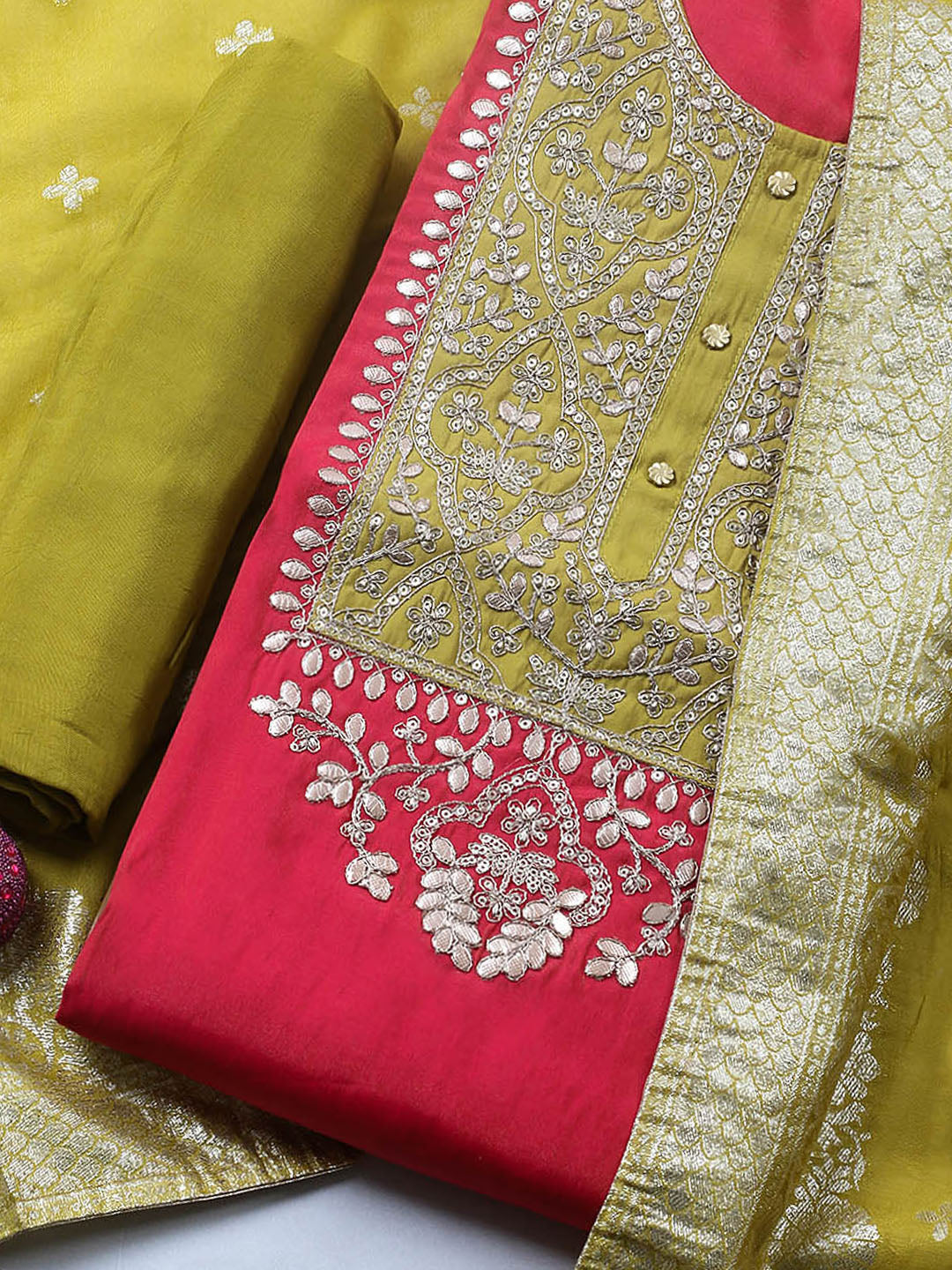 Embroidered Chanderi Unstitched Suit With Pant &amp; Dupatta