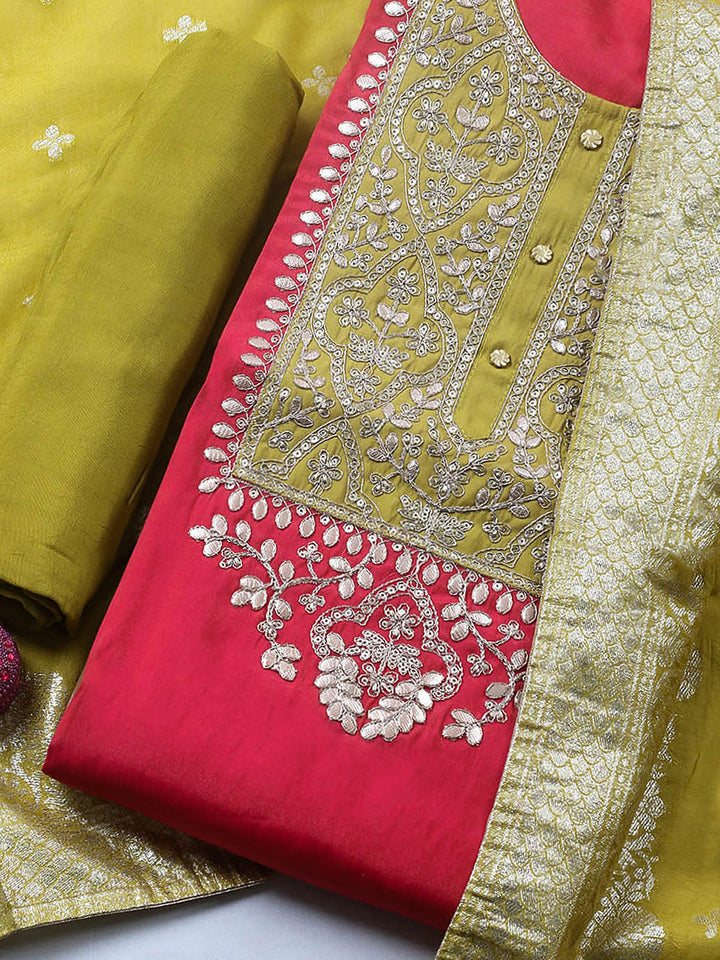 Embroidered Chanderi Unstitched Suit With Pant &amp; Dupatta