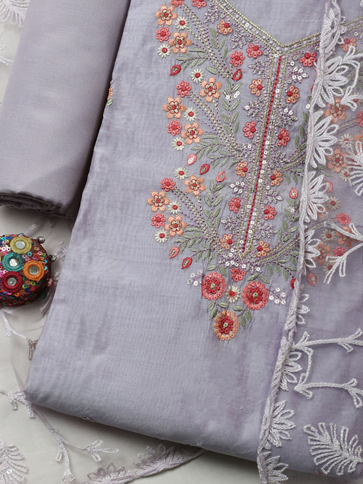 Embroidered Chanderi Unstitched Suit With Pant &amp; Dupatta