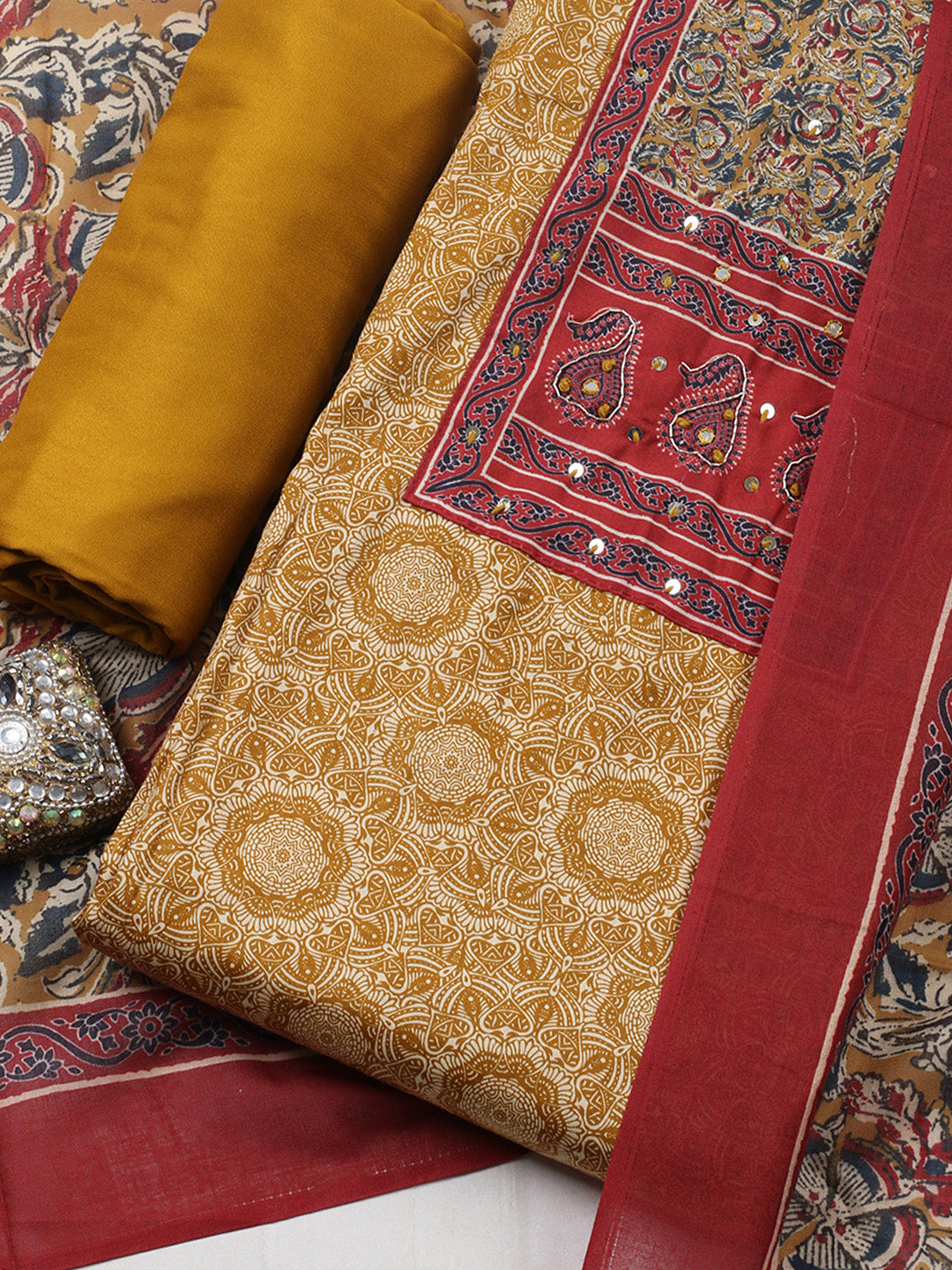 Printed Cotton Blend Unstitched Suit With Pant &amp; Dupatta