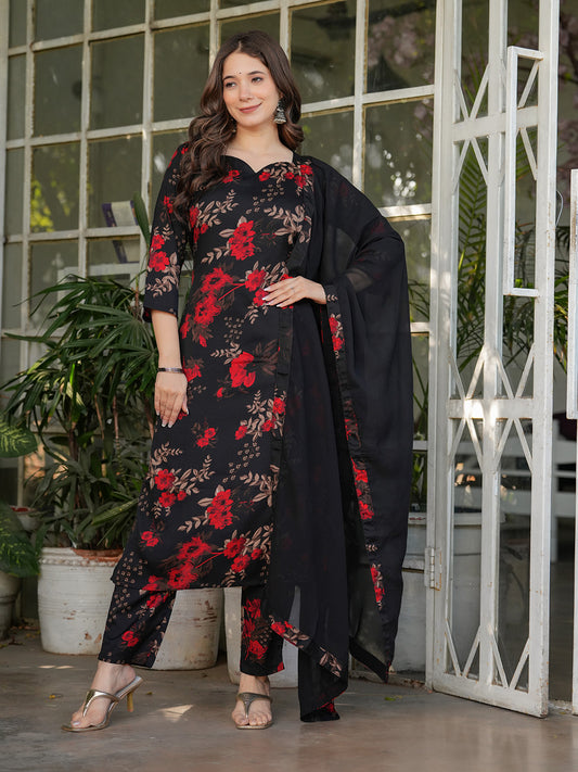 Neck Embroidery Cotton Blend Kurta With Pants & Dupatta