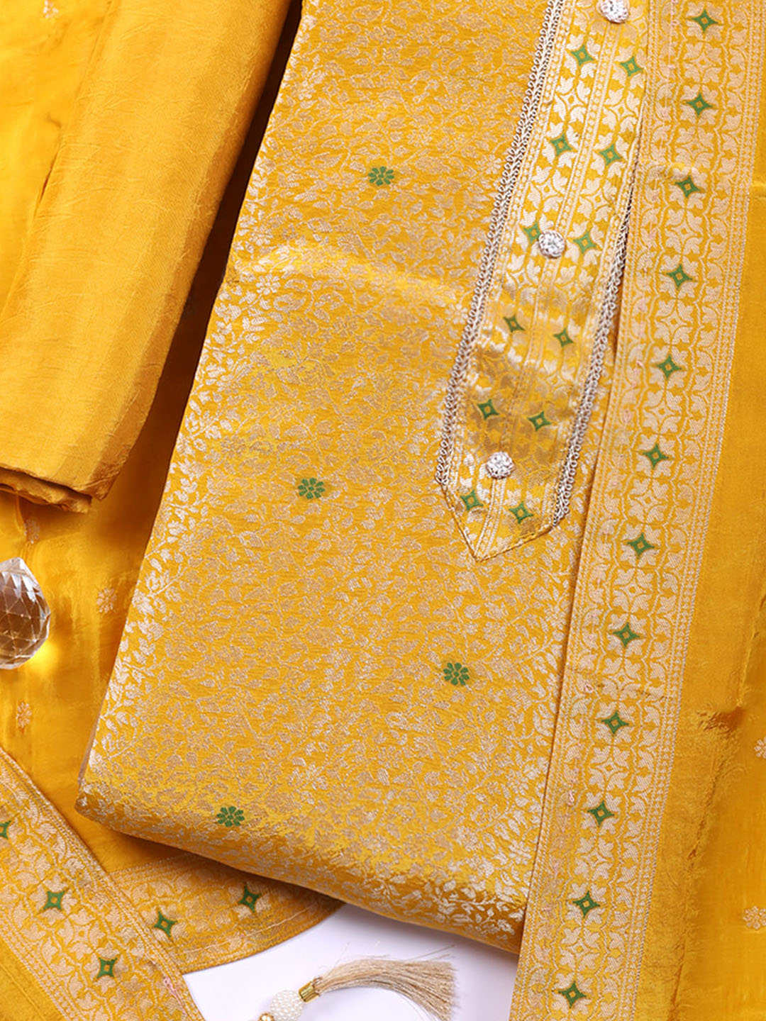 Embroidered Chanderi Unstitched Suit With Pant &amp; Dupatta