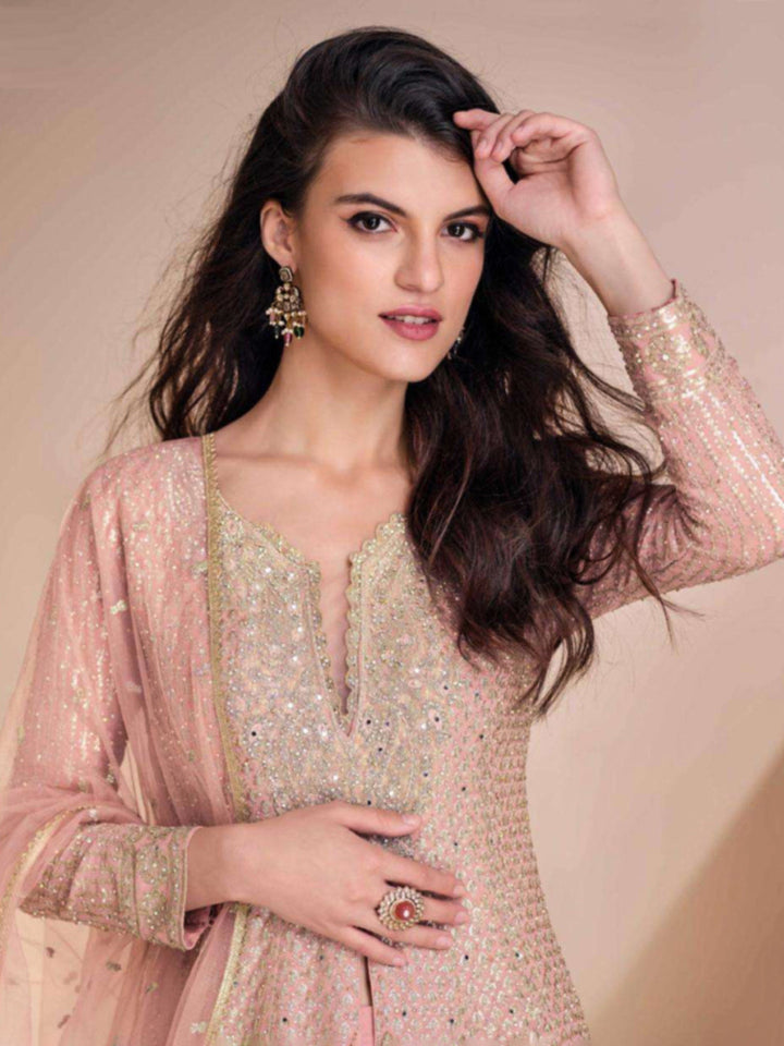 Embroidered Georgette Kurta With Plazzo &amp; Dupatta