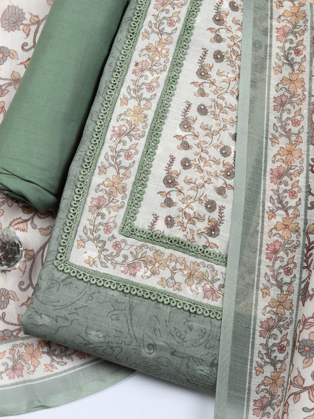 Embroidered Cotton Blend Unstitched Suit With Pant &amp; Dupatta
