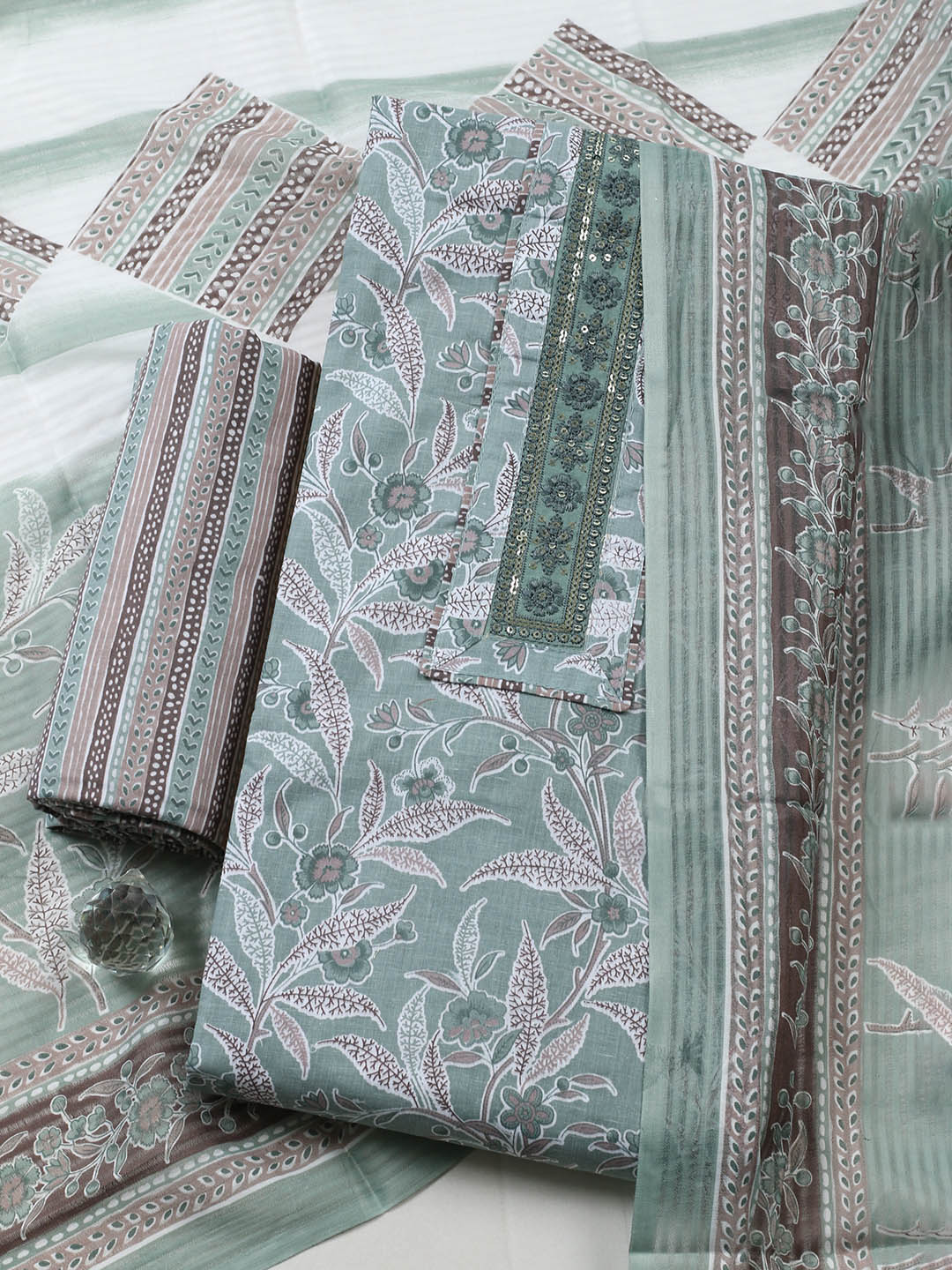 Printed Cotton Blend Unstitched Suit With Pant &amp; Dupatta