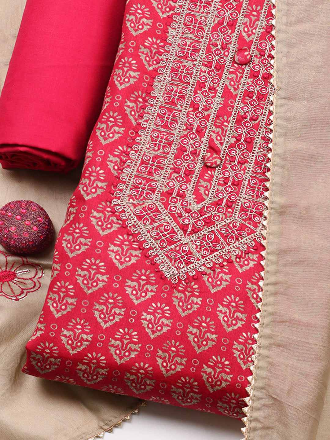 Embroidered Cotton Unstitched Suit With Pant &amp; Dupatta