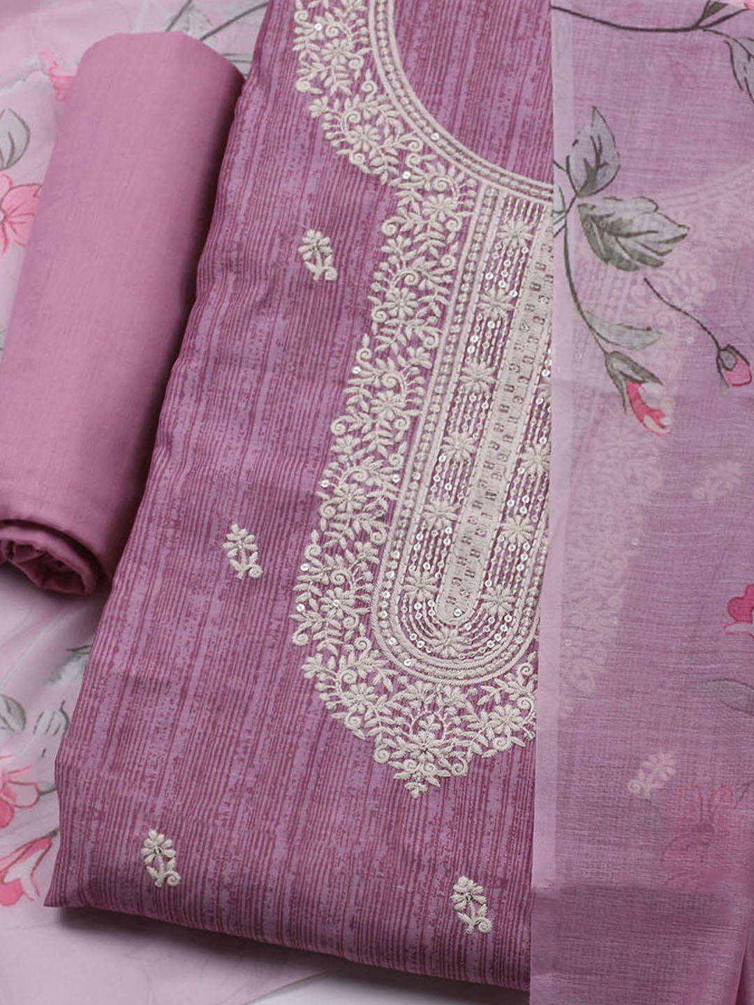 Embroidered Chanderi Unstitched Kurta With Pant & Dupatta
