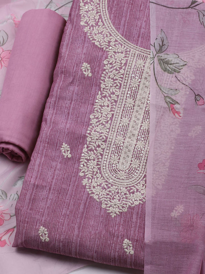 Embroidered Chanderi Unstitched Kurta With Pant &amp; Dupatta