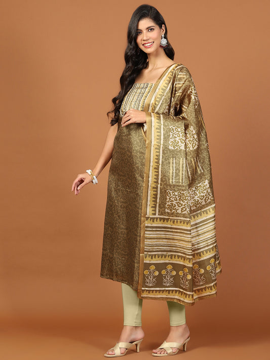 Neck Patti Tussar Unstitched Suit Piece With Dupatta