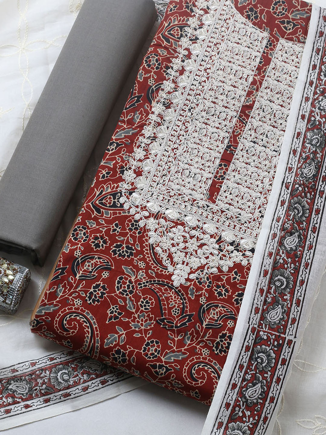 Printed Cotton Blend Unstitched Suit With Pant &amp; Dupatta