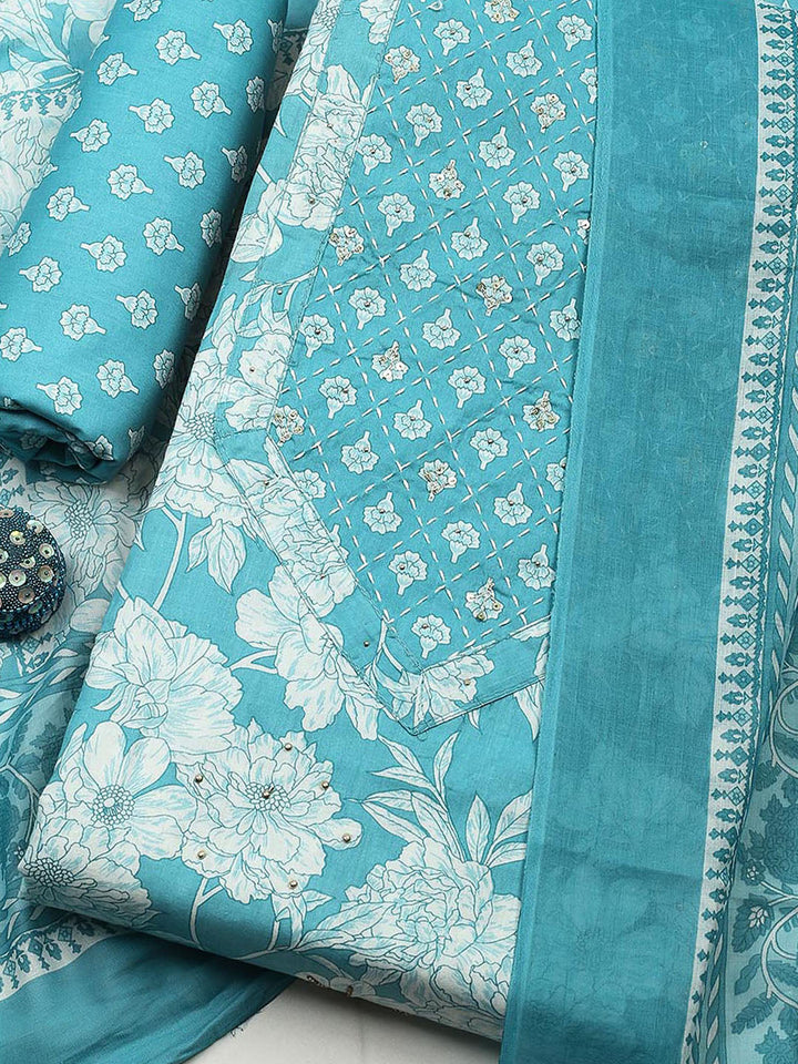 Embroidered Cotton Blend Unstitched Suit With Pant &amp; Dupatta