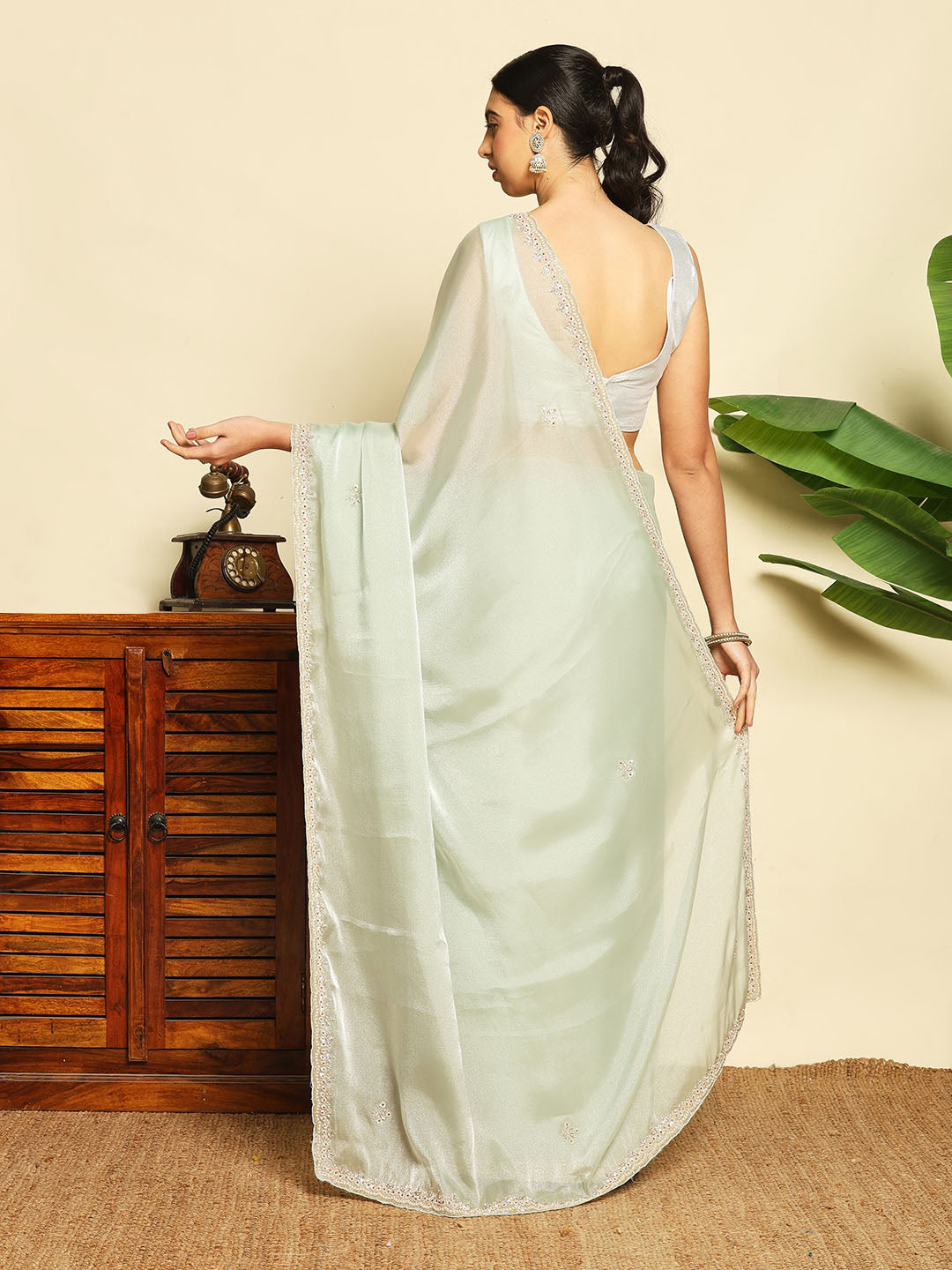 Stone &amp; Thread Embroidered Organza Saree