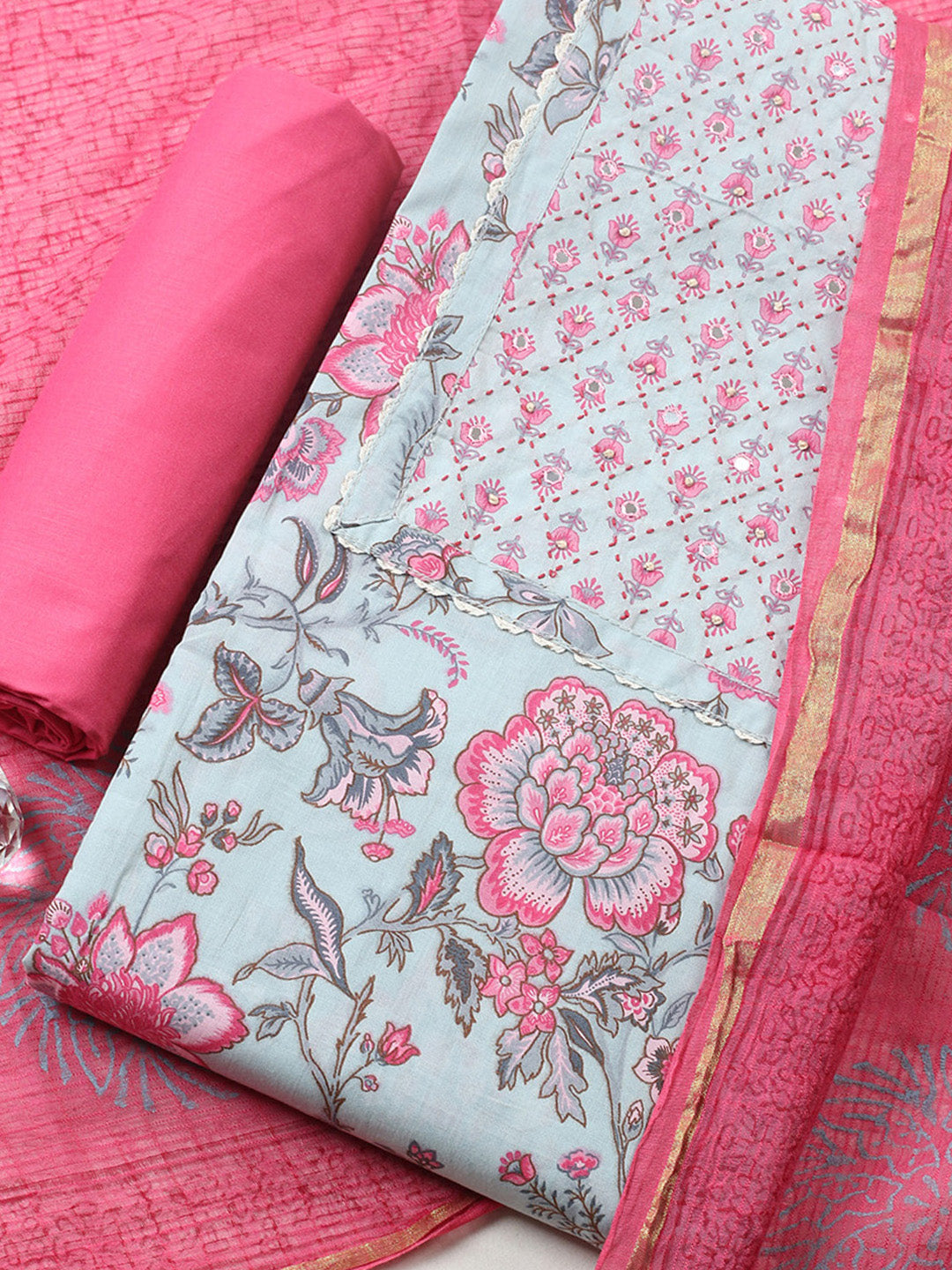 Printed Cotton Blend Unstitched Suit With Pant &amp; Dupatta