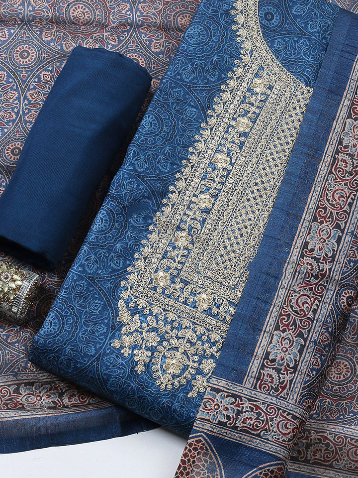 Embroidered Cotton Blend Unstitched Suit With Pant &amp; Dupatta