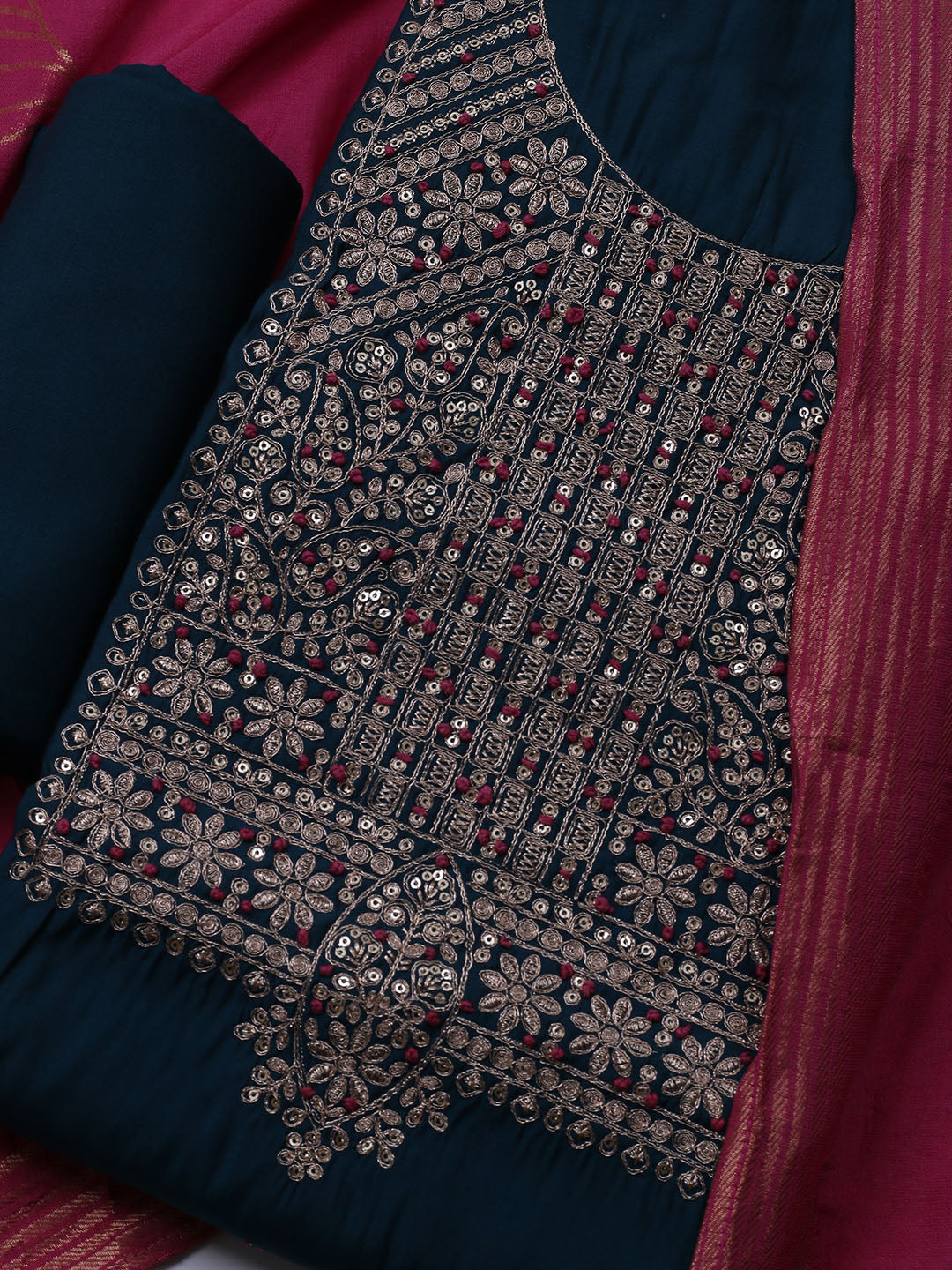 Neck Embroidered Chanderi Unstitched Suit With Dupatta