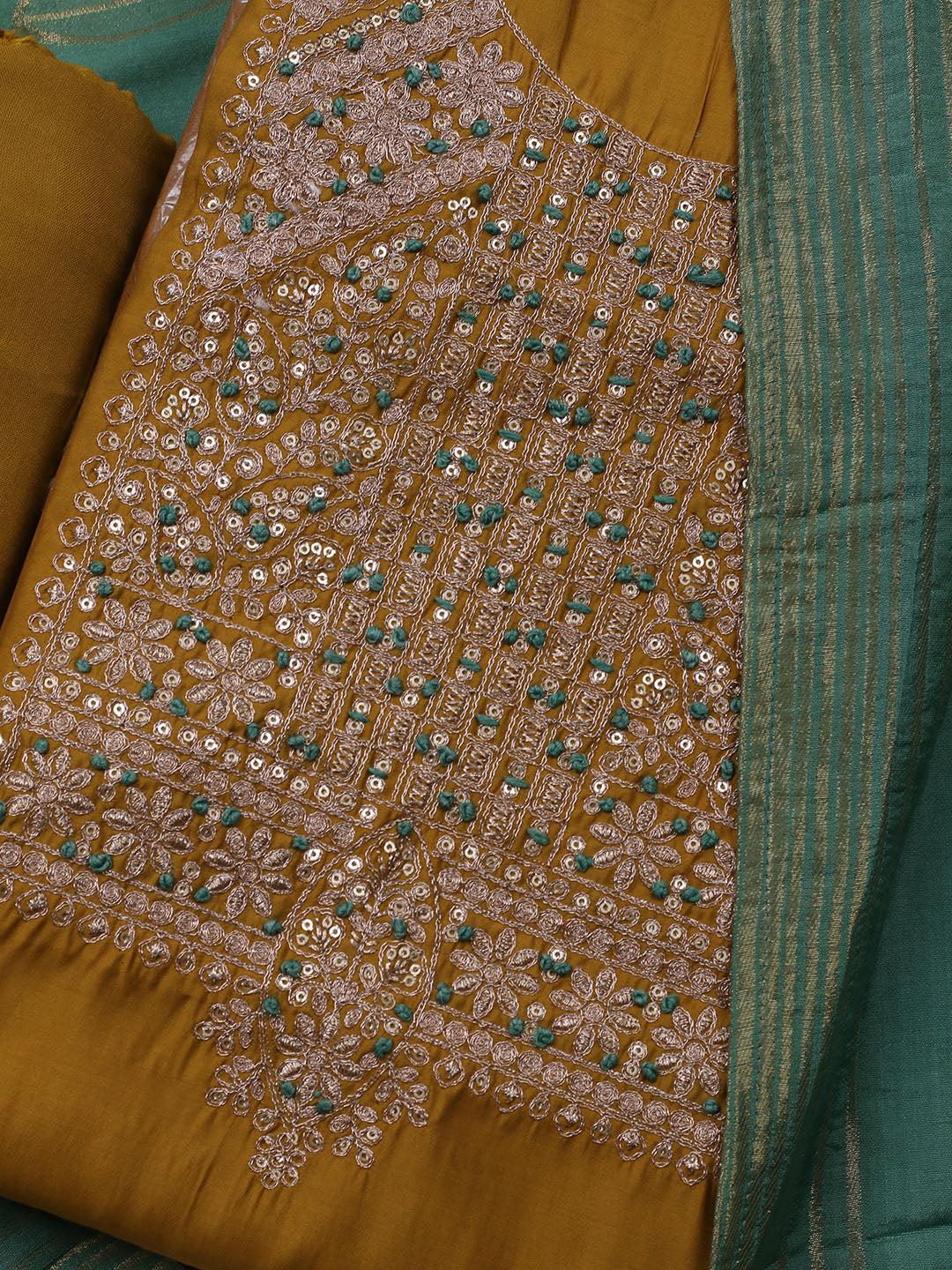 Neck Embroidered Chanderi Unstitched Suit With Dupatta