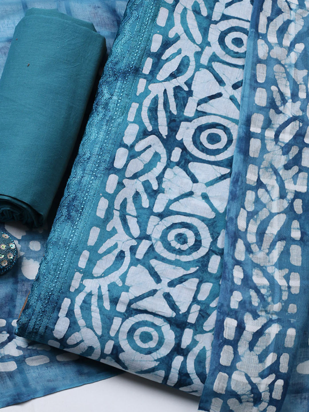Printed Cotton Blend Unstitched Suit With Pant &amp; Dupatta