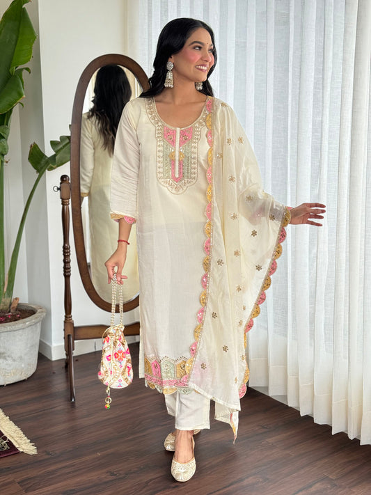 Neck Embroidered Chanderi Kurta With Pants & Dupatta