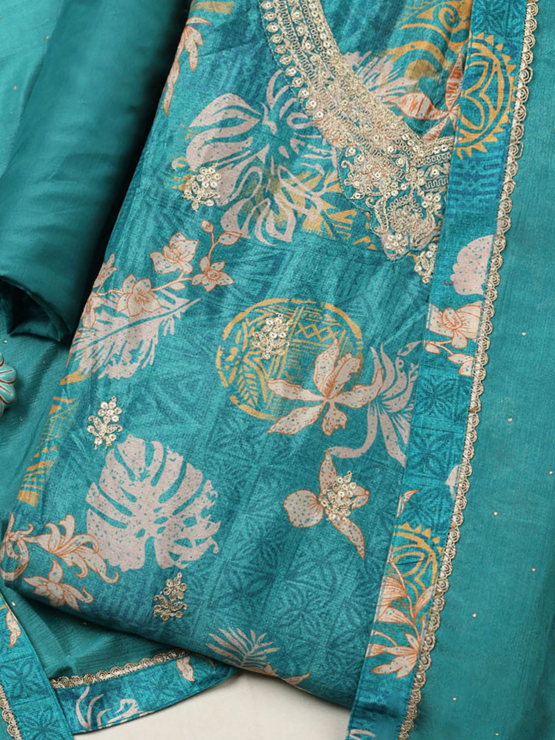 Embroidered Chinon Unstitched Suit With Pant &amp; Dupatta