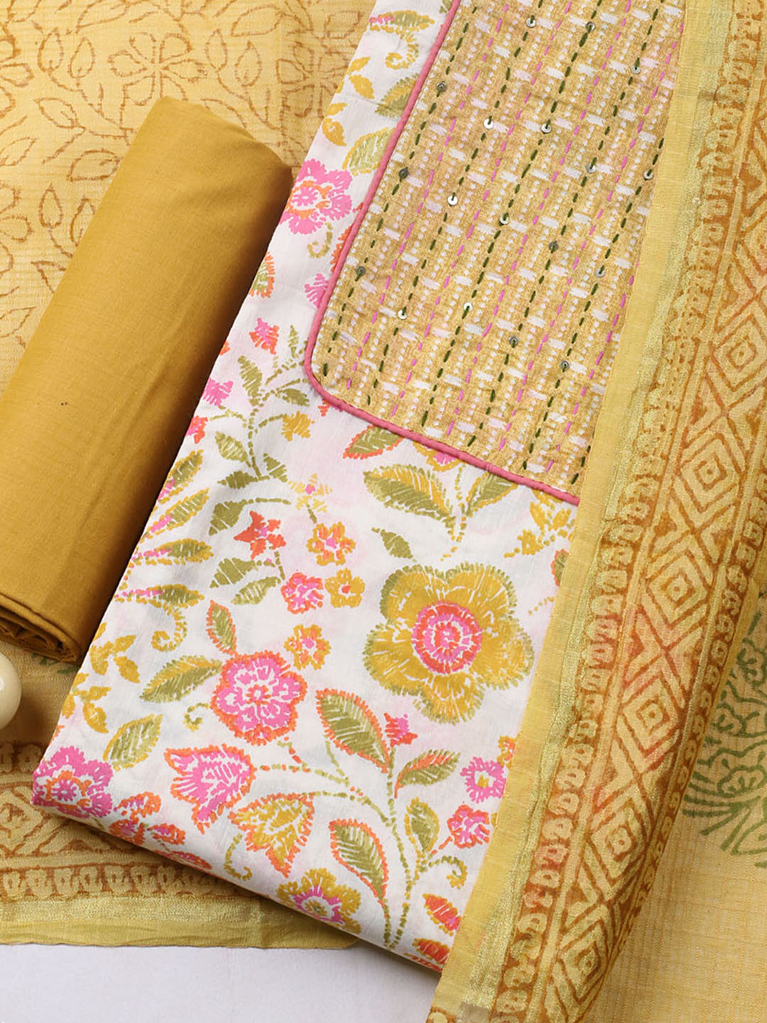 Printed Cotton Blend Unstitched Suit With Pant &amp; Dupatta