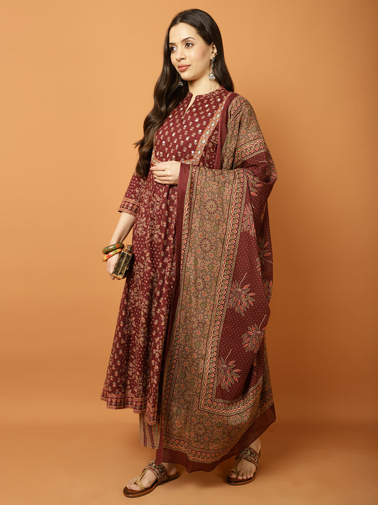 Printed Cotton Blend Suit Set with Dupatta