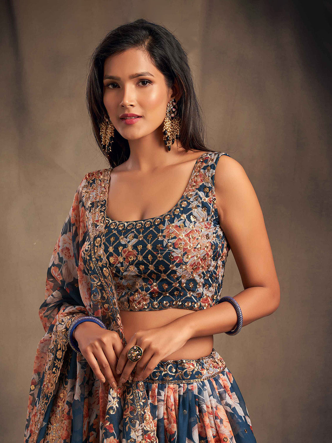 Embroidered Organza Lehenga With Choli &amp; Dupatta