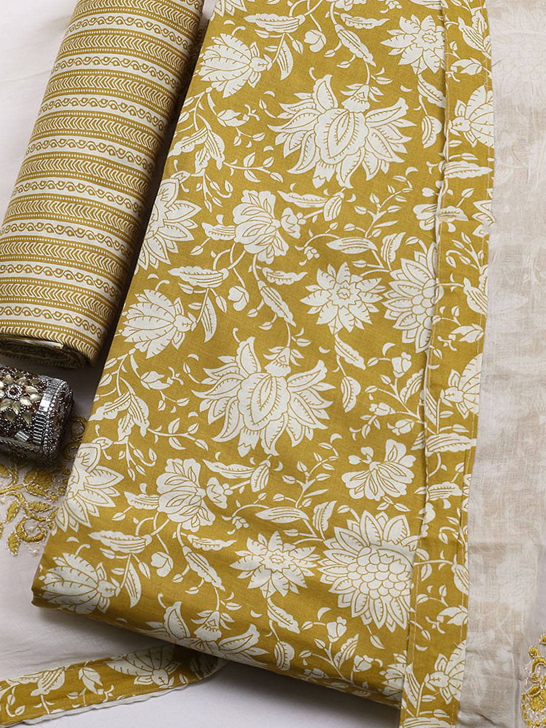 Printed Cotton Blend Unstitched Suit With Pant &amp; Dupatta