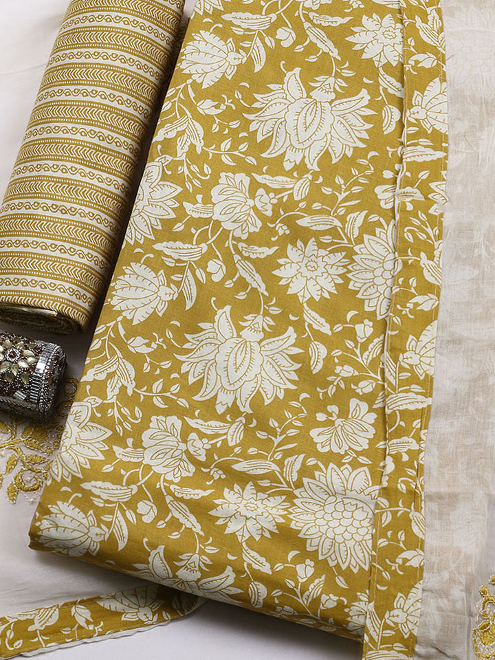 Printed Cotton Blend Unstitched Suit With Pant &amp; Dupatta