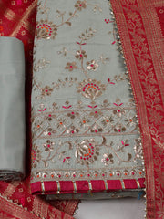 Embroidered Chanderi Grey-Rani Unstitched Suit With Pant & Dupatta