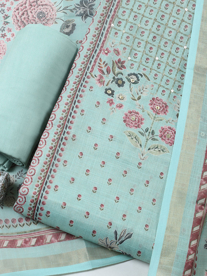 Printed Linen Blend Unstitched Suit With Pant &amp; Dupatta
