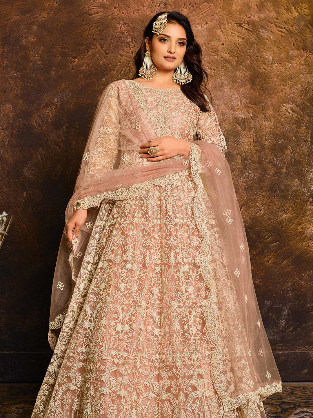 Embroidered Net Semi Stitched Kurta With Pant &amp; Dupatta