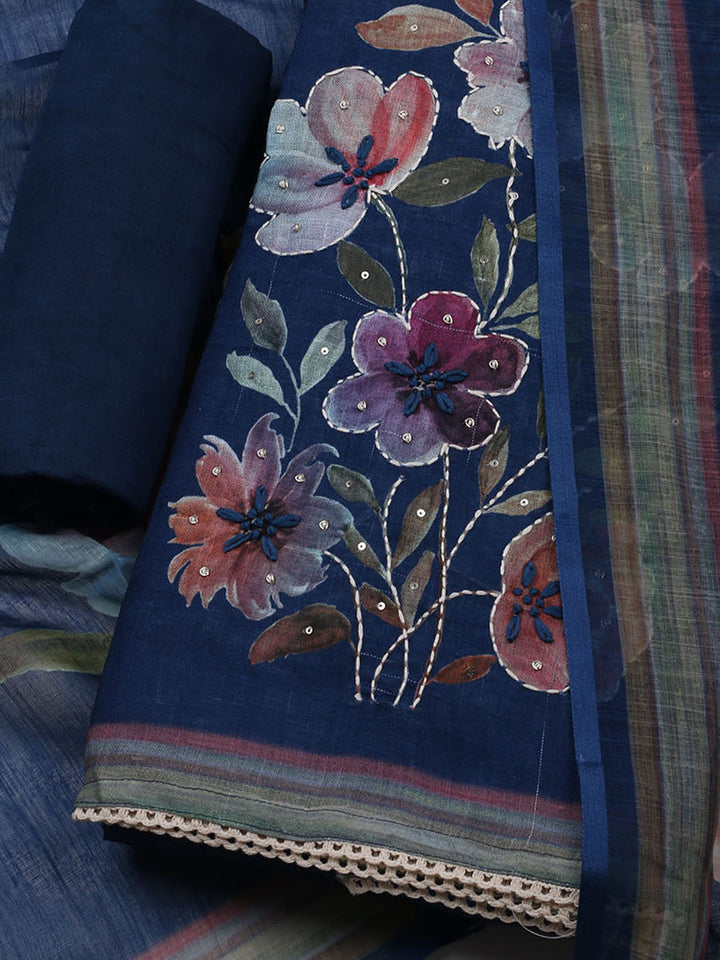 Printed Linen Unstitched Kurta With Pant &amp; Dupatta
