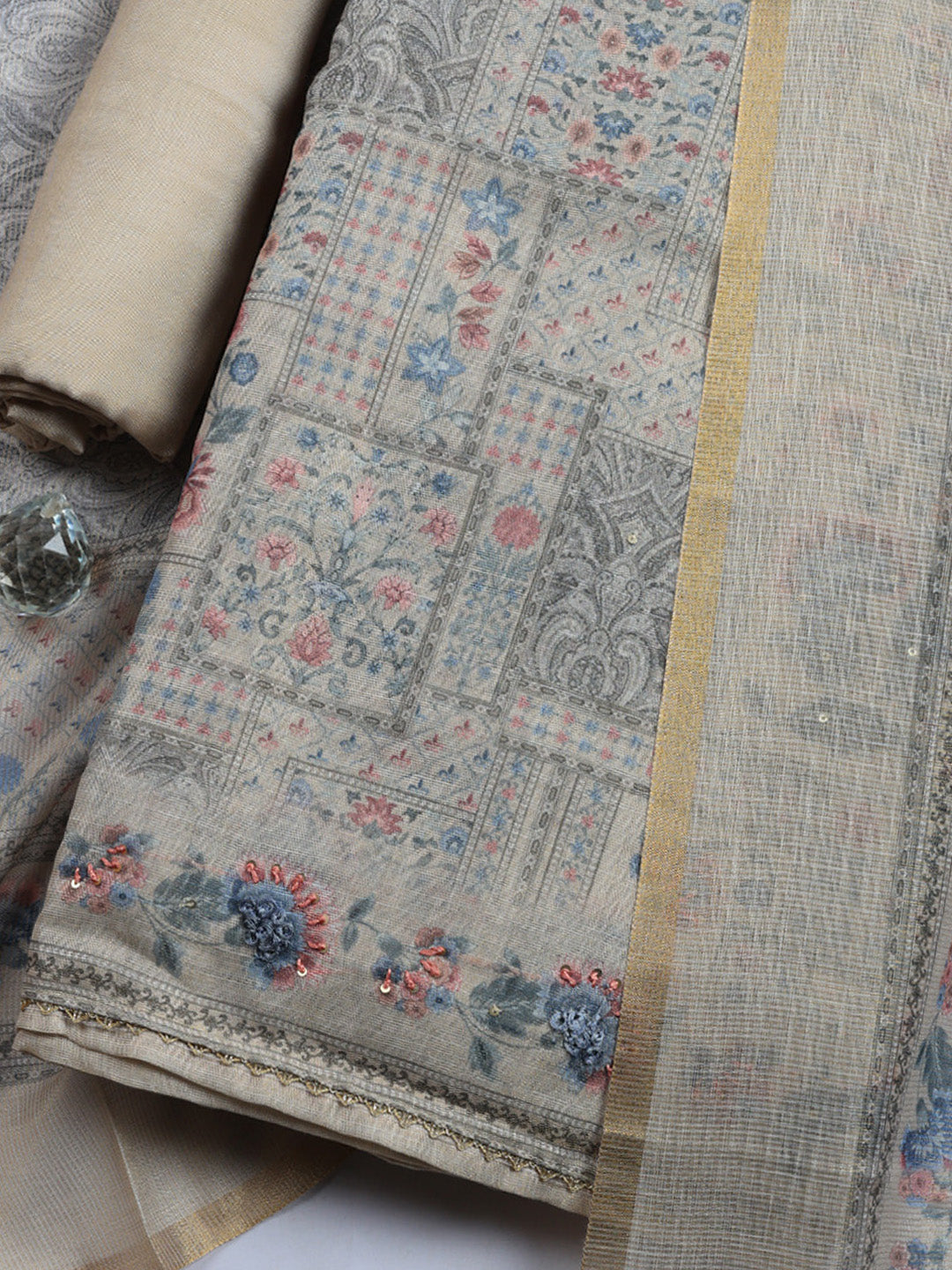 Printed Linen Blend Unstitched Suit With Pant &amp; Dupatta