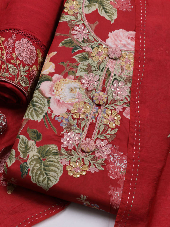 Embroidered Muslin Unstitched Suit With Pant &amp; Dupatta