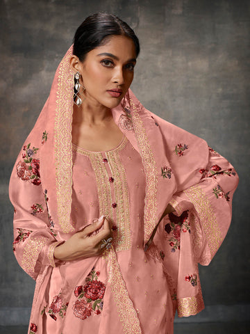 Neck Embroidered Organza Unstitched Suit Piece With Dupatta