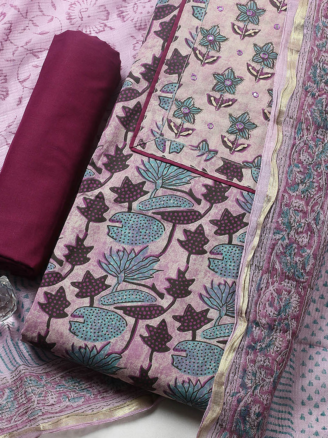Printed Cotton Blend Unstitched Suit With Pant &amp; Dupatta