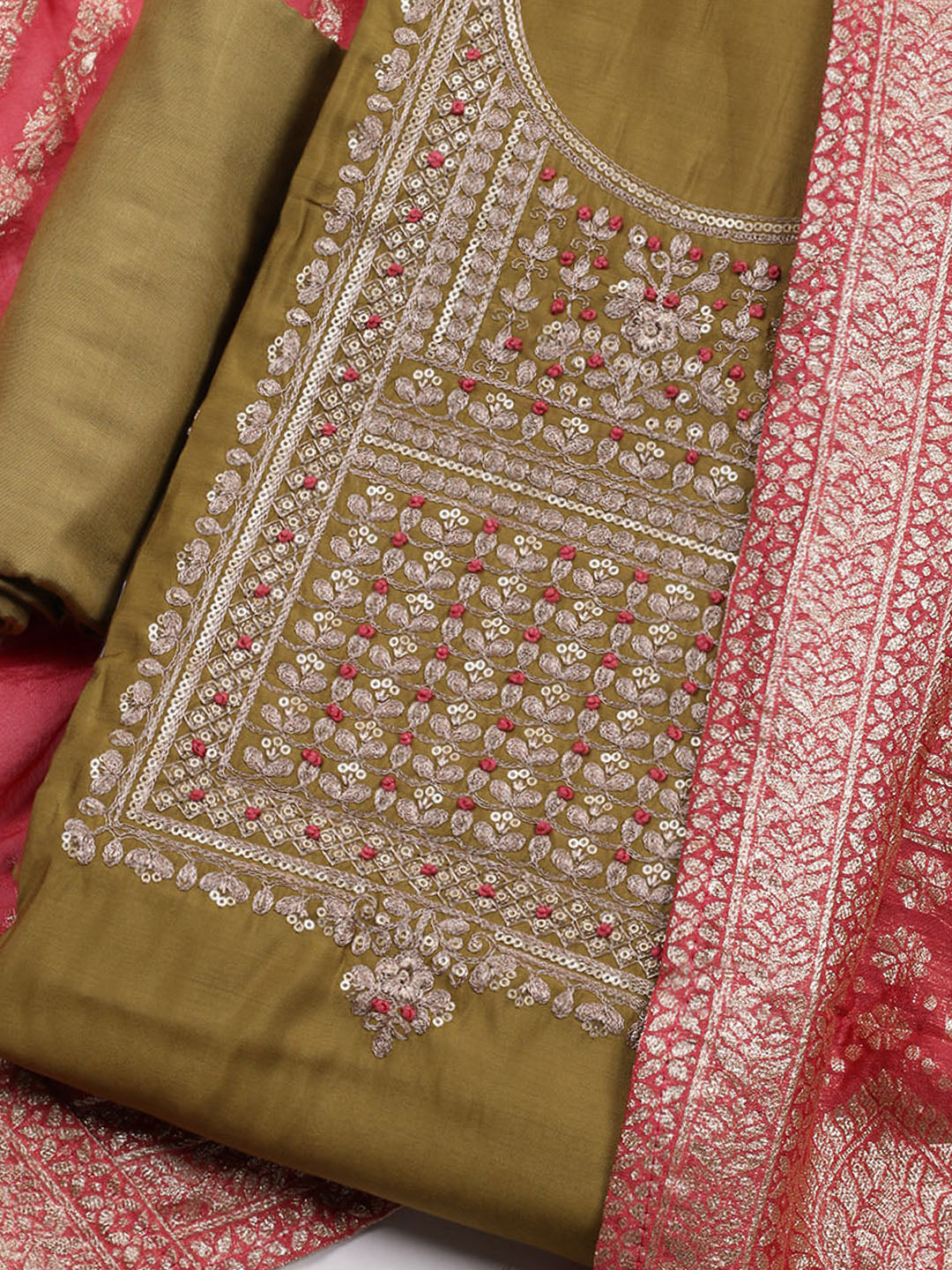 Embroidered Chanderi Unstitched Suit Piece With Dupatta