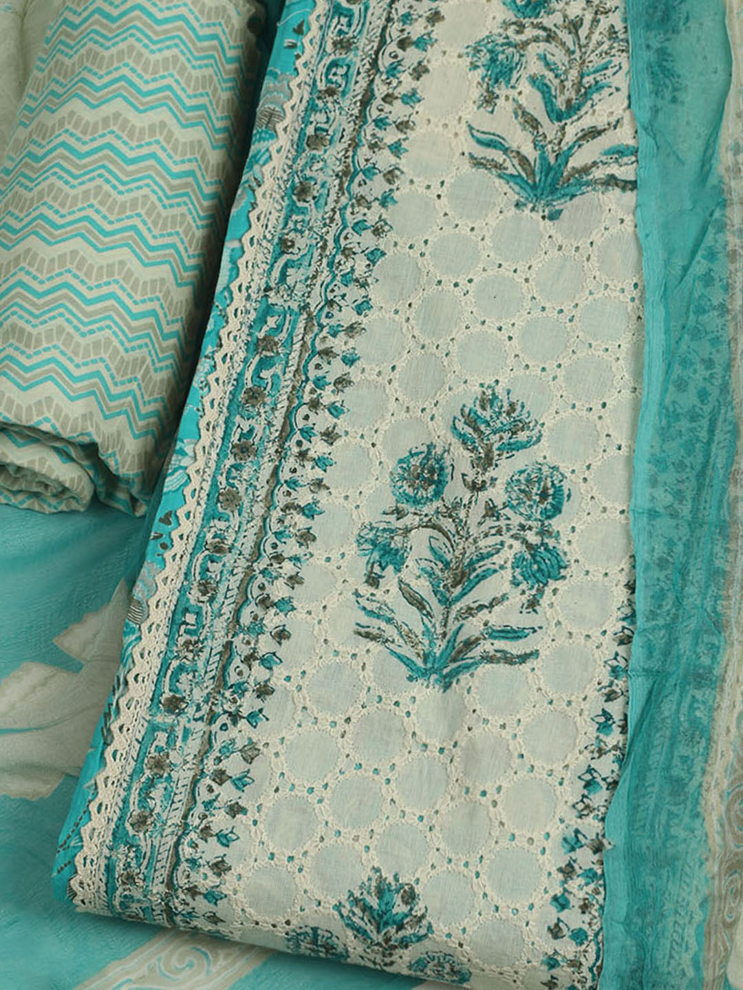 Printed Cotton Unstitched Suit With Pant &amp; Dupatta