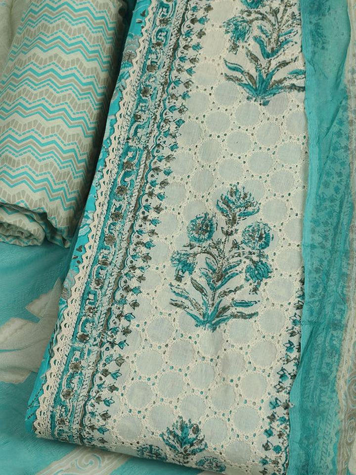 Printed Cotton Unstitched Suit With Pant &amp; Dupatta