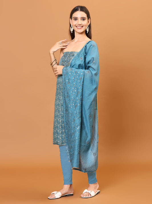 Neck Embroidery & Printed Cotton Blend Unstitched Suit Piece With Dupatta