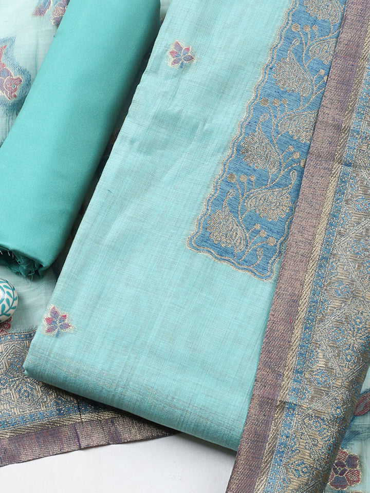 Woven Design Chanderi Unstitched Suit With Pant Dupatta