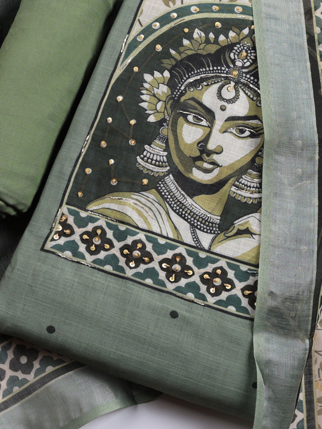 Printed Linen Blend Unstitched Suit With Pant &amp; Dupatta