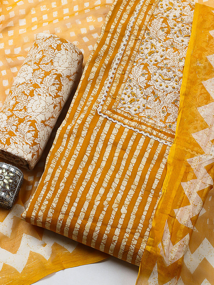 Embroidered Cotton Blend Unstitched Suit With Pant &amp; Dupatta