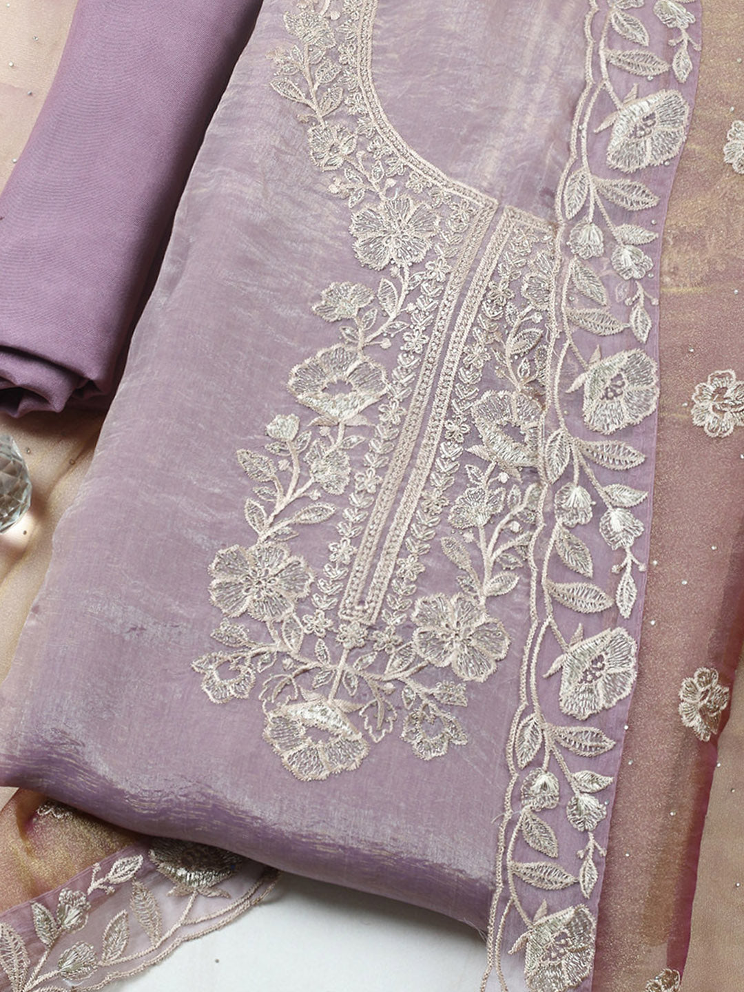 Embroidered Tissue Unstitched Suit With Pant &amp; Dupatta