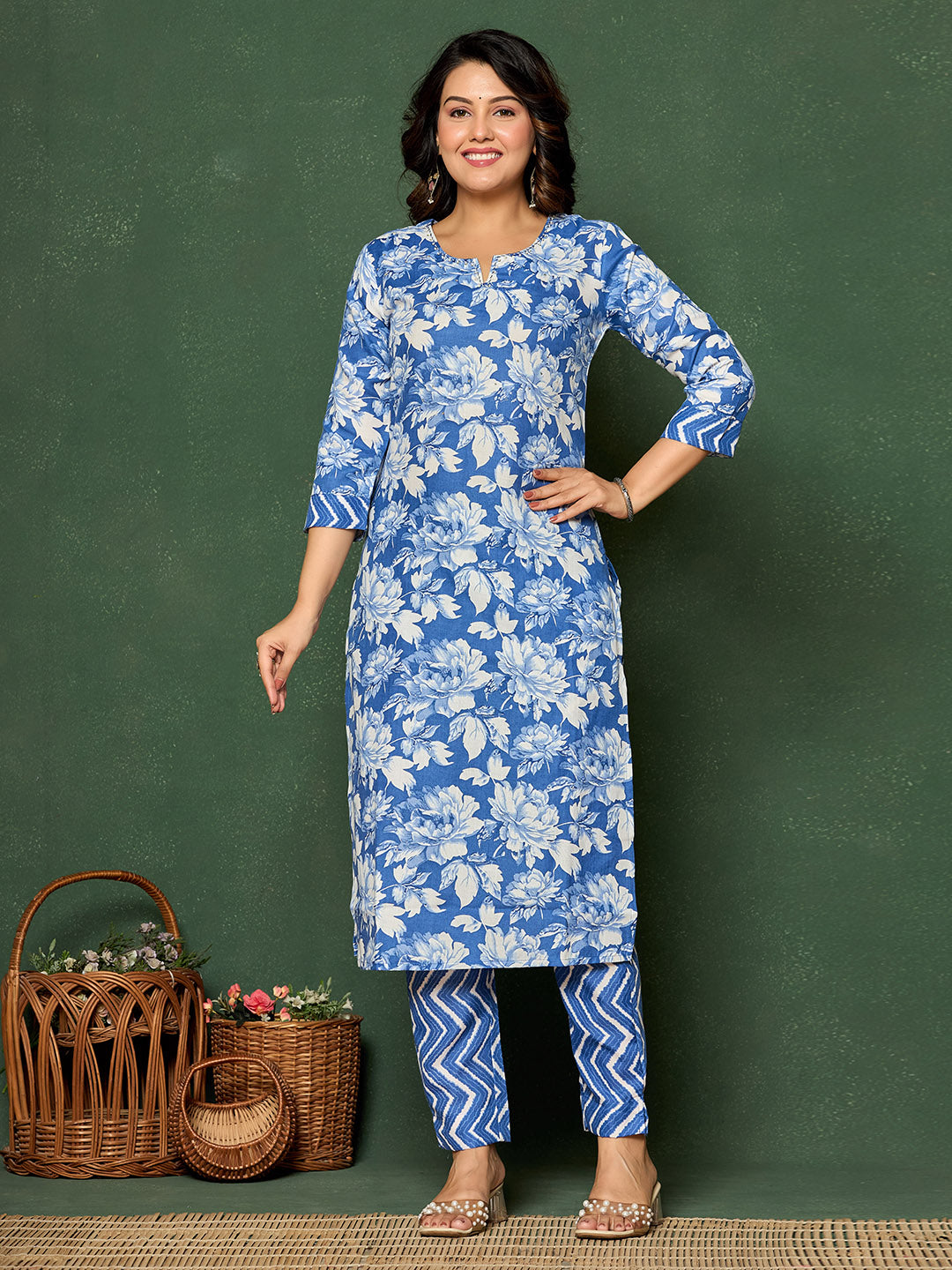 Printed Cotton Blend Kurta With Pants & Dupatta