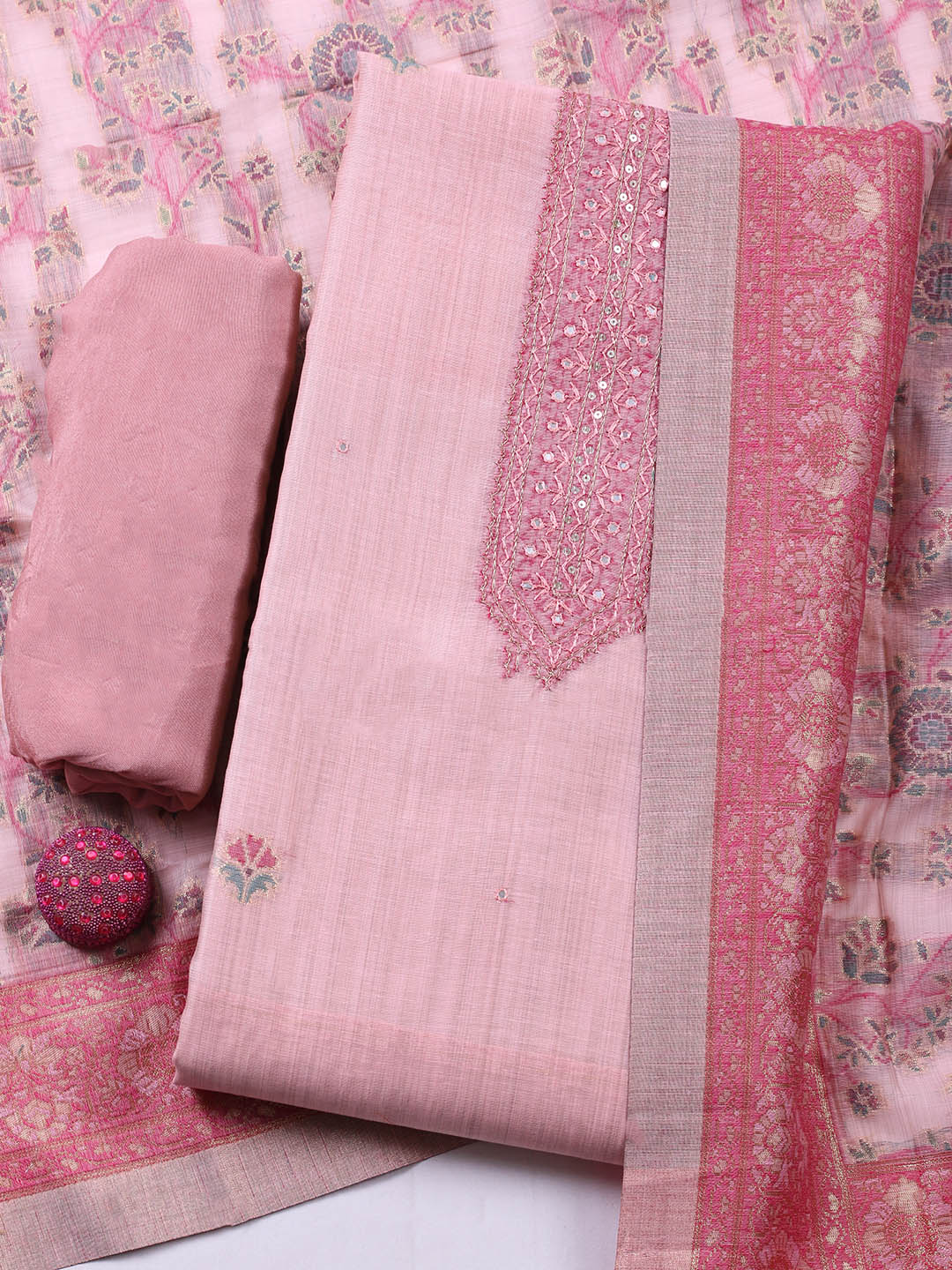 Embroidered Chanderi Unstitched Suit With Pant &amp; Dupatta