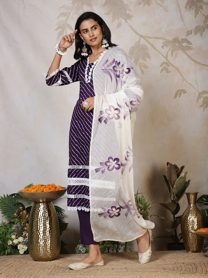 Printed Cotton Blend Kurta With Pants &amp; Dupatta