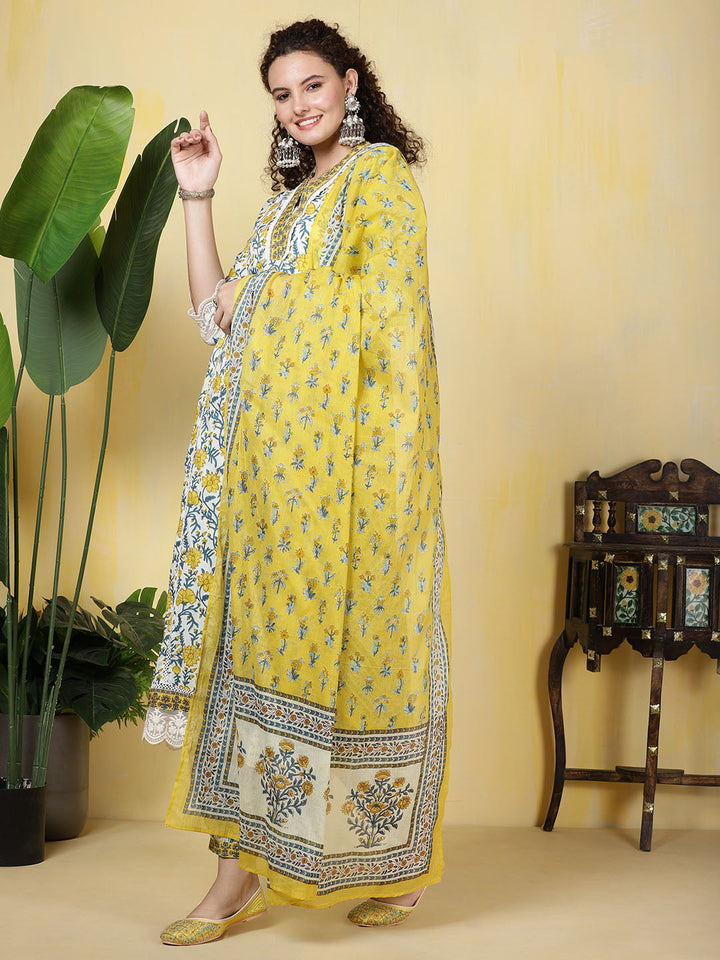 Printed Cotton Blend Kurta With Pants &amp; Dupatta